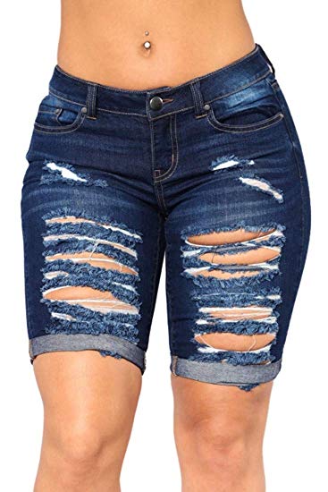 Knee Length Destroyed Ribbed Jeans Shorts - WF Shopping