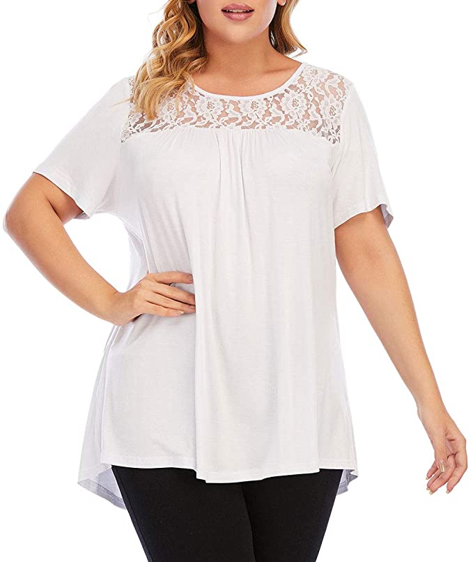 Women's Plus Size Short Sleeve Lace Pleated T Shirts - WF Shopping