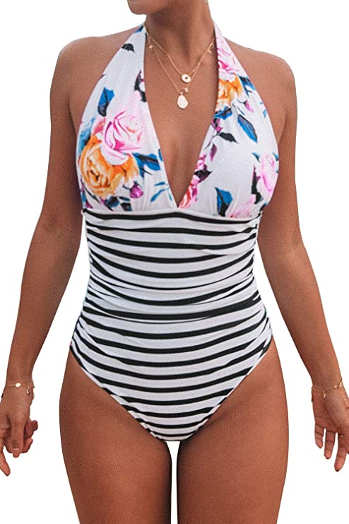 Women's One Piece Swimsuit Halter Plunge Neck Ruched Tummy Control - WF ...