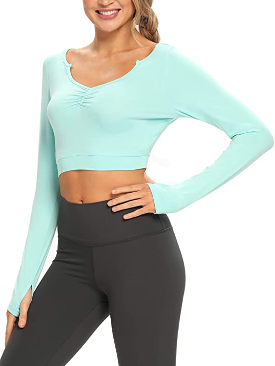 Long Sleeve Crop Top V-Neck Workout Sweatshirt Yoga Tops - WF Shopping