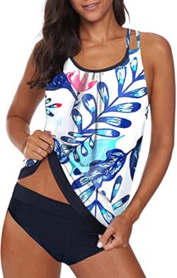 Women Piece Blouson Printed Strappy Criss Cross Back Tankini Top WF Shopping