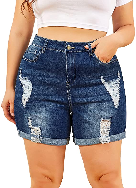 Women's Plus Size Denim Shorts High Waist Ripped Distressed - WF Shopping