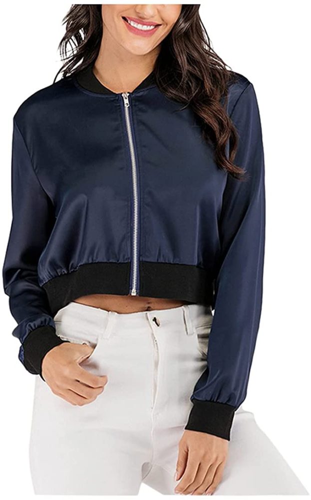 Women Zipper Long Sleeve Cropped Jacket Casual Lapel Jacket - WF Shopping
