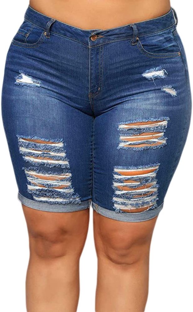 Womens Plus Size Denim Shorts High Waisted Ripped Folded Wf Shopping
