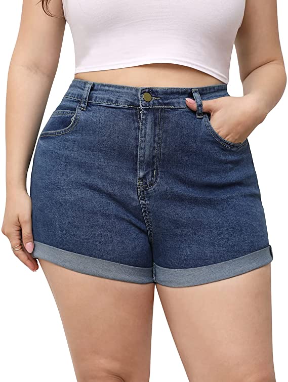 Plus Size Jean Shorts Distressed Ripped Rolled Hem - WF Shopping