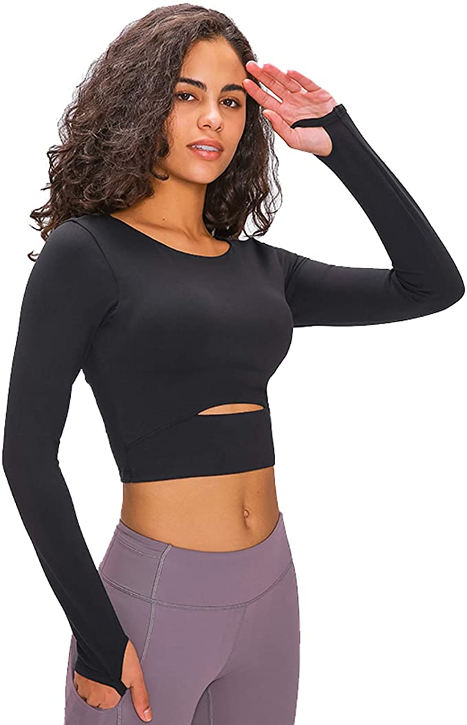 Workout Yoga Tops for Women, Removable Crop Top Padded Compression Long ...