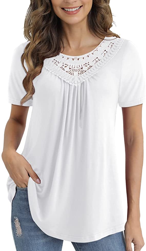 Women's Plus Size Summer Tops Short Sleeve Lace Pleated Blouses - WF ...