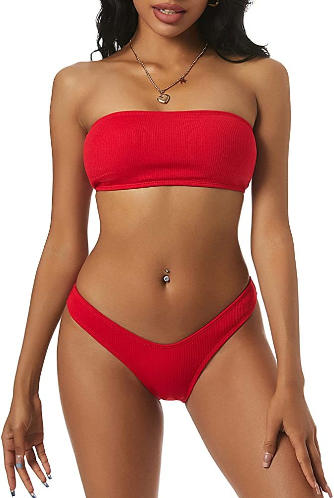 Women S Strapless Ribbed Lace Up High Cut Two Piece Bandeau Bikini Set