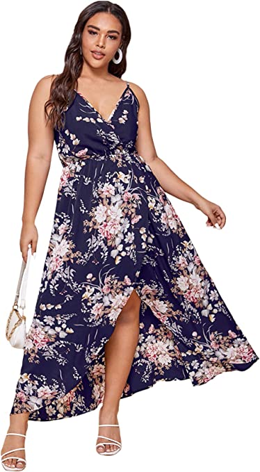 Women's Plus Size Maxi Dress Floral V Neck Sleeveless Cami Long Dress ...