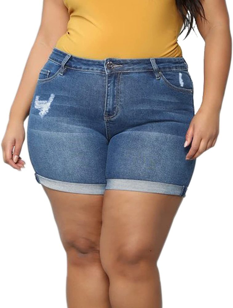 Plus Size Womens Ripped Denim Jean Shorts High Waisted Stretchy Folded Wf Shopping