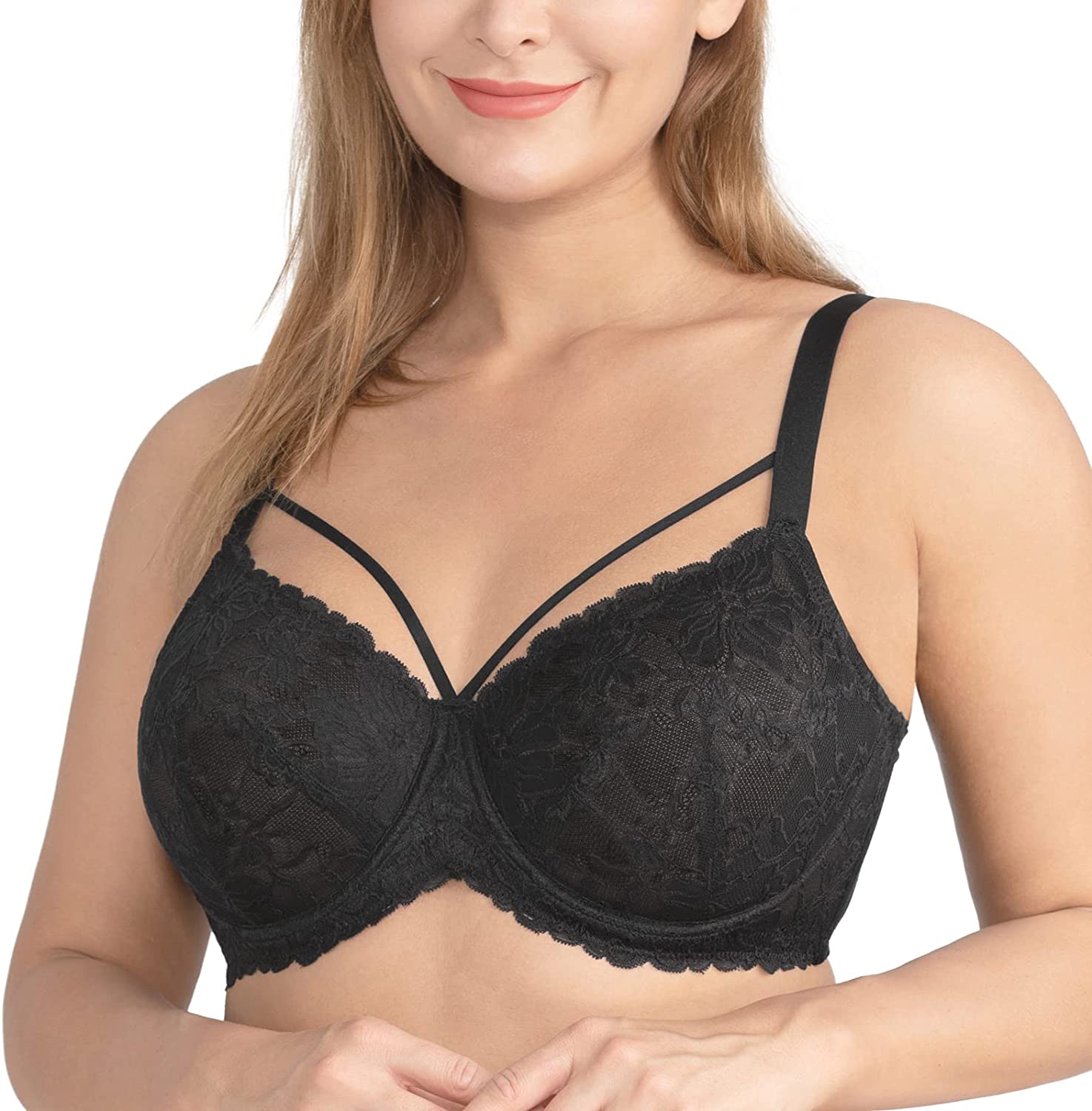  Minimizer Bra For Women,Unlined Non Padded Lace Sexy Plus  Size Bras Full Figure Black Bras