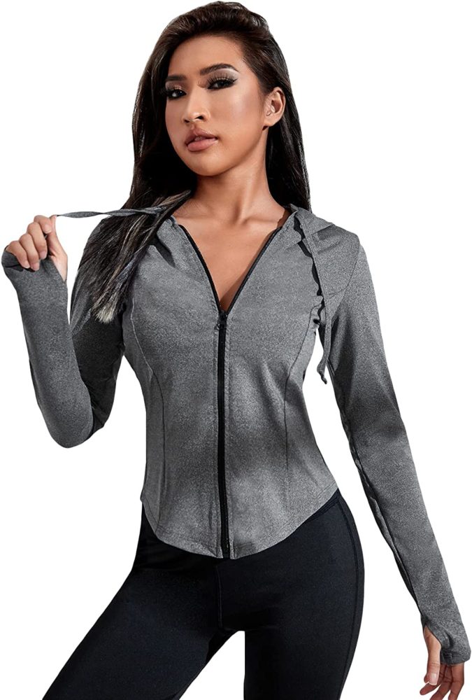 Womens Long Sleeve Full Zip Hoodie Stretchy Workout Sports Jacket Wf Shopping 