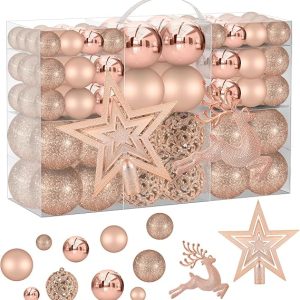 102PCS Assorted Rose Gold Christmas Ornaments, Christmas Balls Ornaments