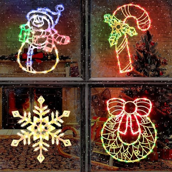 4 Pack Christmas Window Silhouette Lights Decorations, Lighted Wreath, Candy Cane, Snowflakes, and Snow Man Christmas Window Light Decorations