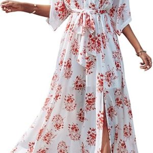 ANRABESS Women’s Summer Loose Boho Flowy Wrap V Neck 3/4 Sleeve Floral Print Slit Beach Wedding Guest Long Maxi Dresses 2024