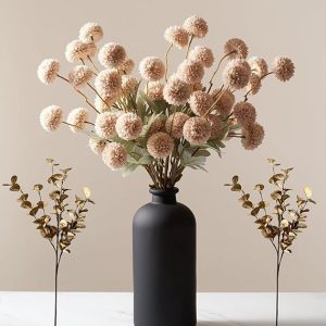 Beige Flowers Artificial + Eucalyptus, Fake Mums Long Stem Flowers, Tan Nude Cream Neutral Flowers For Decorations