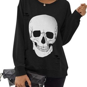 Blooming Jelly Women's Halloween Sweatshirts Skull Graphic T Shirts Long Sleeve