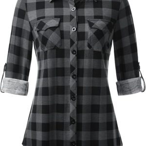 DJT Womens Soft Stretchy Knit Plaid Shirts Roll Up Long Sleeve