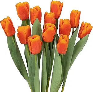 DuHouse 12pcs Orange Flowers Artificial Tulips Real Touch Tulip Bouquets in Bulk Fake Tulips Flowers