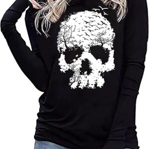 FCHICH Skull Hoodie Tshirt Women Vintage Gothic Graphic Tees Halloween Hoodies Casual