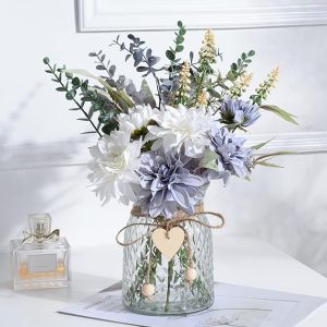 Fake Flowers Artificial Blue Flowers with Vase, Table Centerpieces for Dining Room