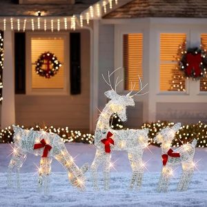 HOURLEEY Christmas Decoration Outdoor 60 Light Up Deer Family, 3-Piece Set 2D Waterproof Plug in Reindeer for Yard Patio Lawn Garden Party Decor