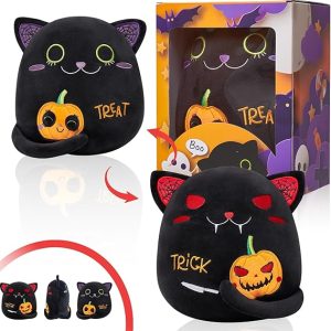 Halloween Stuffed Animal Black Cat Plush,Trick or Treat Soft Toys Gifts Pumpkin