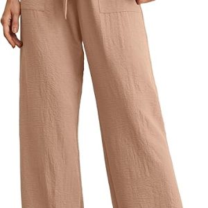 IWOLLENCE Women's Wide Leg Pants with Pockets High Waist Adjustable Knot Loose Casual Trousers