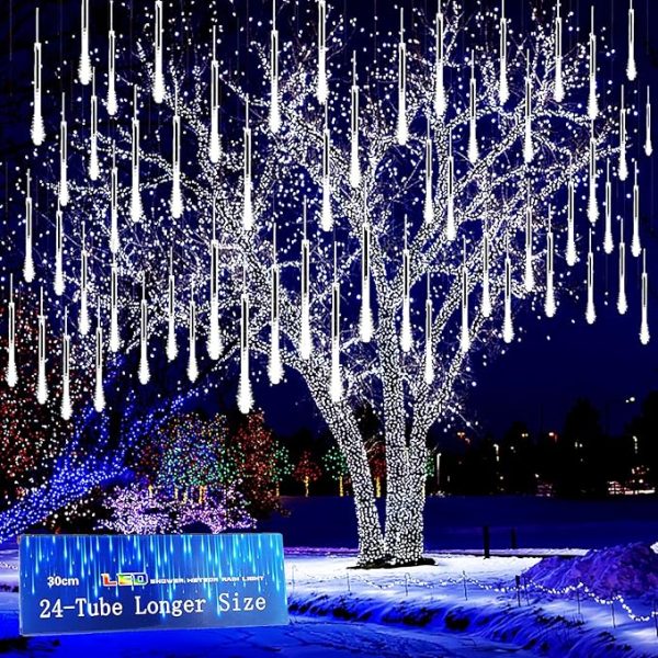 Kwaiffeo Christmas Lights Outdoor, 24 Tubes(Equivalent to 3 Sets of 8-Tubes) Meteor Shower Lights Snow Falling Icicle Lights for Xmas Tree