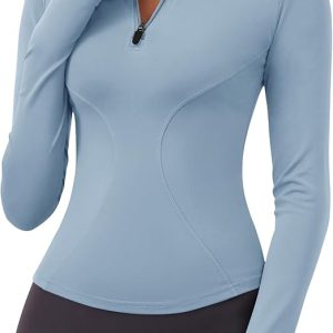 LOMON Womens Long Sleeve Workout Tops Quick Dry Quarter Zip Pullover Crop Yoga Athletic Slim Fit Shirts