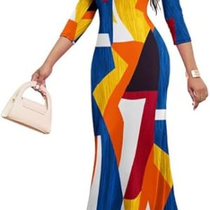 Maxi Dresses for Women Casual V Neck 3/4 Sleeve Bodycon Long Maxi Party Holiday Dresses Semi Formal Outfits