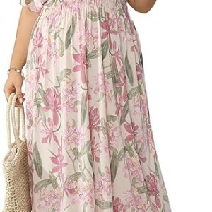 OSTOO Women's Plus Size Hawaii Empire Waist Bat Short Sleeve Casual Floral Print Boho Maxi Dress