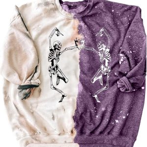 QIANRUO Dancing Skeletons Bleached Sweatshirt Women Vintage Halloween Skeleton Shirt