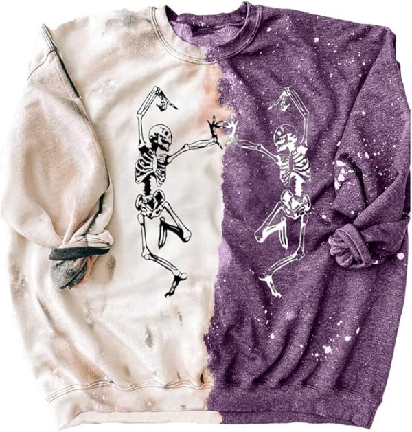 QIANRUO Dancing Skeletons Bleached Sweatshirt Women Vintage Halloween Skeleton Shirt