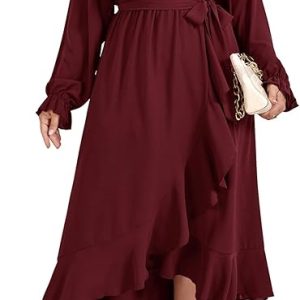 SCOMCHIC Women Plus Size Wedding Guest Maxi Dress Long Sleeve Wrap V Neck High Low