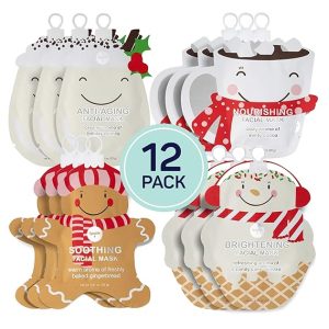 SpaLife Holiday Treats Facial Masks 12-Pack Assorted - Festive Christmas Skincare for Soothing