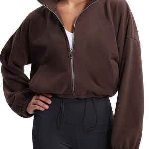 THE GYM PEOPLE Women's Fleece Cropped Jacket Full Zip