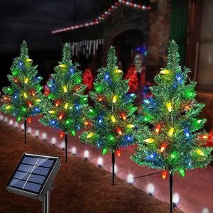 Upgraded 4-Pack Solar Christmas Garden Stake Lights, Decorative Xmas Tree Solar Christmas