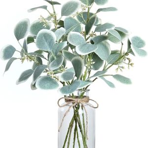 VIERENA Artificial Eucalyptus Stems in Glass Vase with Faux Water,15" Fake Plant Eucalyptus Leaves White