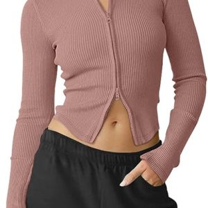 Womens Double Zip UP Ribbed Jacket Long Sleeve Workout