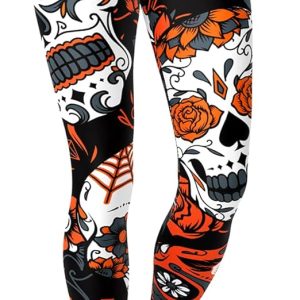 sissycos Women's Sugar Skull Leggings Buttery Soft Rose Flower Printed Halloween Stretchy Pants 28