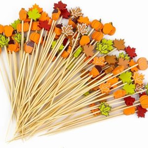 100PCS Fall Cocktail Picks 4.7 Inch, Leaves Pumpkins Acorns Decorative Fancy Toothpicks Bamboo Appetizer