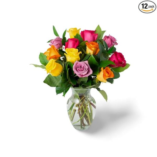 12 Assorted Roses and Greens with Vase - Fall Collection