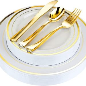 125-Piece White and Gold Fancy Plastic Plates Disposable with Silverware