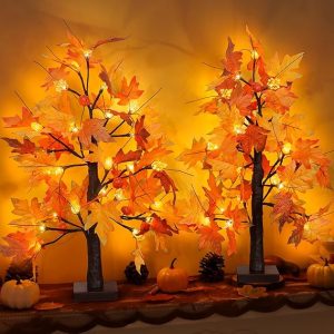 2 Packs 24 Inch Lighted Maple Tree Fall Thanksgiving Decorations with 48 LEDs Timer Battery Operated 3D Acorn