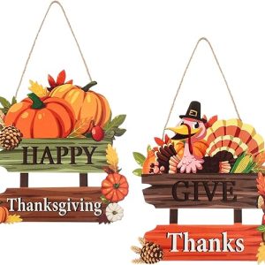 2 Pieces Give Thanks Wood Sign and Happy Thanksgiving Door Sign Thanksgiving Pumpkin Front Door