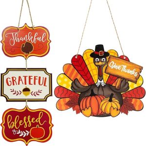 2 Pieces Thanksgiving Decoration Wooden Door Sign Hanging Fall Harvest Welcome Decor Wall Signs Thankful