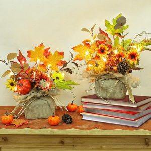 [ 2 Styles & Lighted ] 2 Pack 11 Inch Fall Maple Tree Thanksgiving Decor