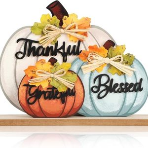 3 Pcs Fall Pumpkin Decor Wooden Table Sign Thankful Blessed Grateful Tabletop for Autumn Farmhouse