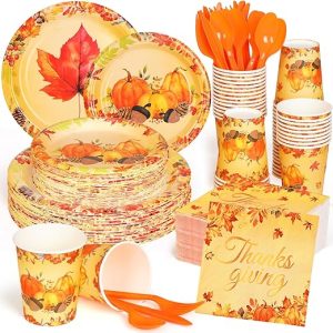 350 Pcs Fall Party Dinnerware Thanksgiving Party Decoration Supplies Autumn Pumpkins Maple Leaf Paper Plates Napkins Cups